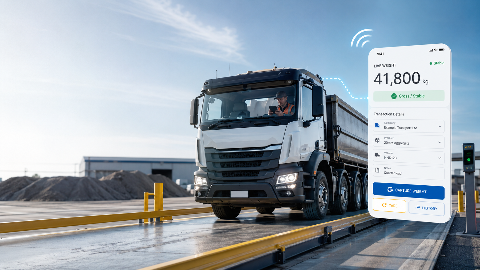 Driver using Weighbridges NZ in-cab weighing software from a truck cab
