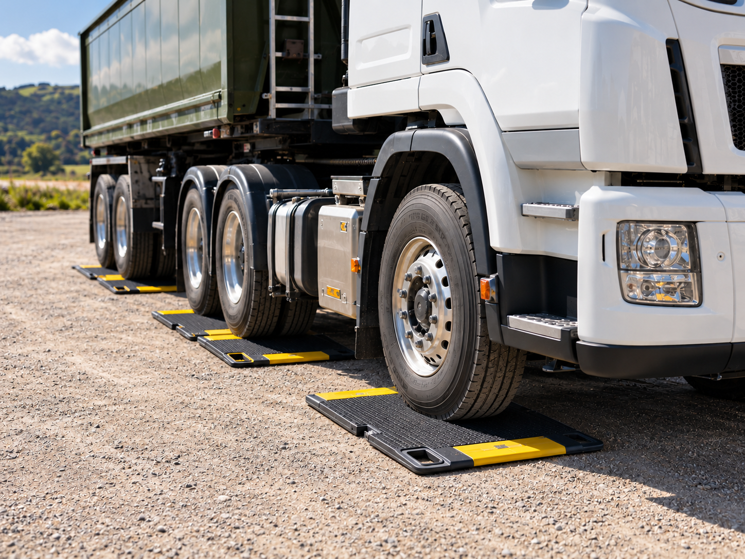 Heavy truck positioned on low-profile portable axle weighing pads